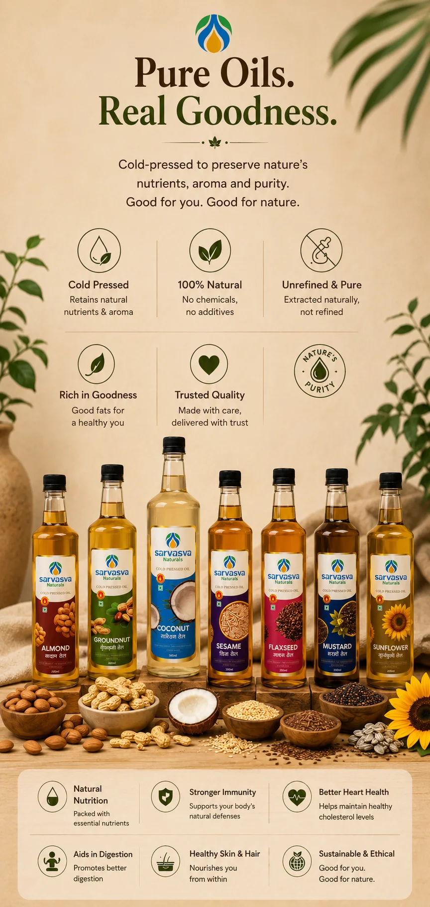 Almond, coconut, flaxseed, sunflower, sesame and mustard oils from Sarvasva Naturals on a wooden table, with a bowl of flaxseed